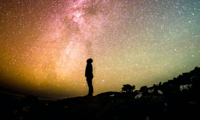 Silhouette d'une persone regardant vers le haut devant un ciel étoilé.