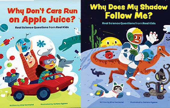 Deux couvertures de livres, Why Don't Cars Run on Apple Juice? et Why Does My Shadow Follow Me?