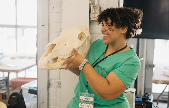 Une femme tenant un squelette de dinosaure.