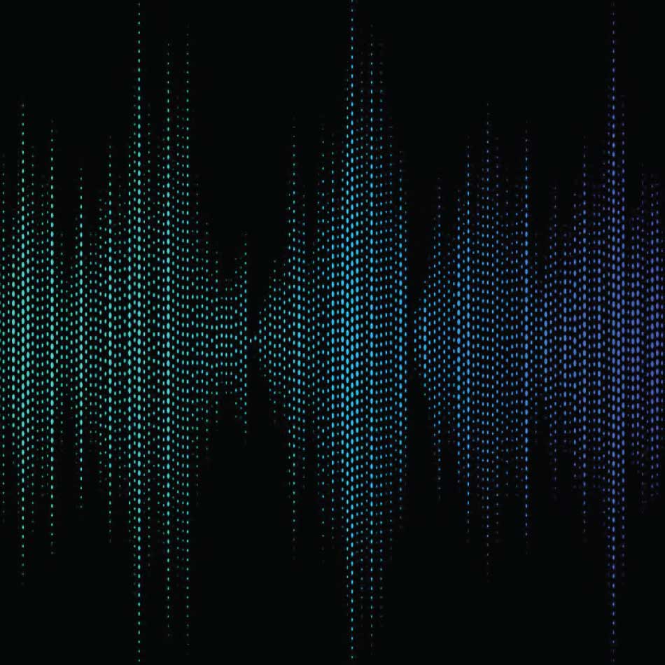 Graphique numérique d'ondes sonores vertes et bleues sur fond noir.