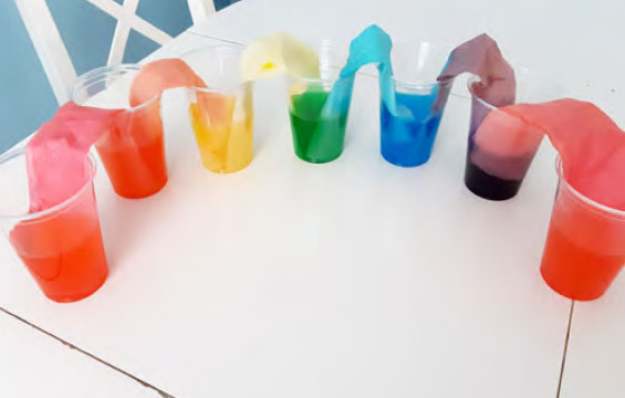 De l'eau colorée passe par des verres transparents sur du papier essuie-tout.