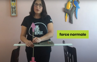 An educator demonstrates "force normale" using arrows.