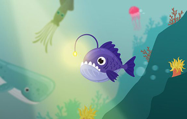 Dessin d'un écosystème sous-marin comprenant une baudroie, un cachalot, une méduse et un calmar.