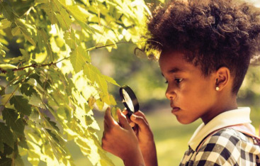 Une petite fille inspecte une feuille d'arbre à la loupe.