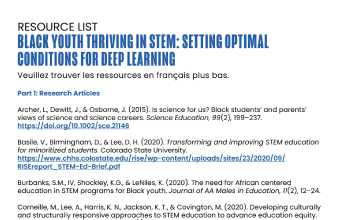Image of the PDF Resource List: Black Youth Thriving in STEM: Setting Optimal Conditions for Deep Learning