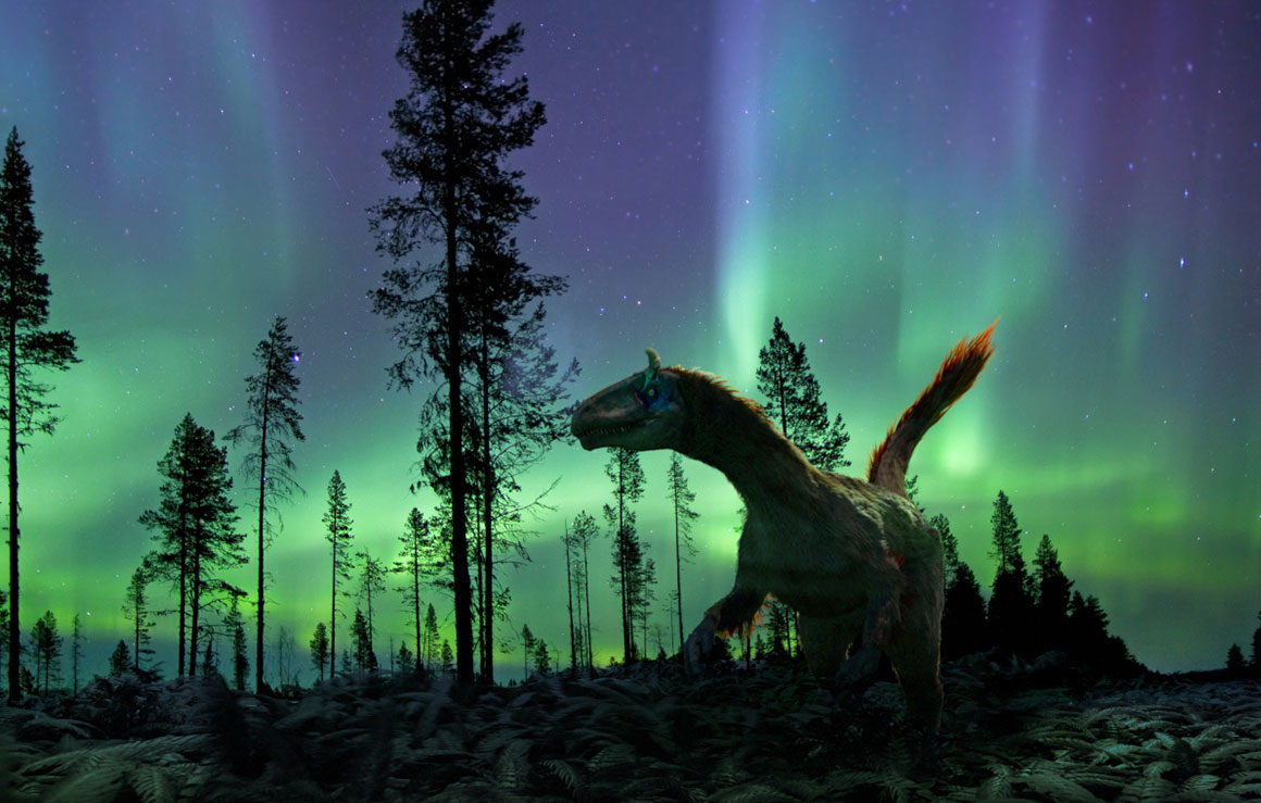Un dinosaure avec une aurore australe en arrière plan.