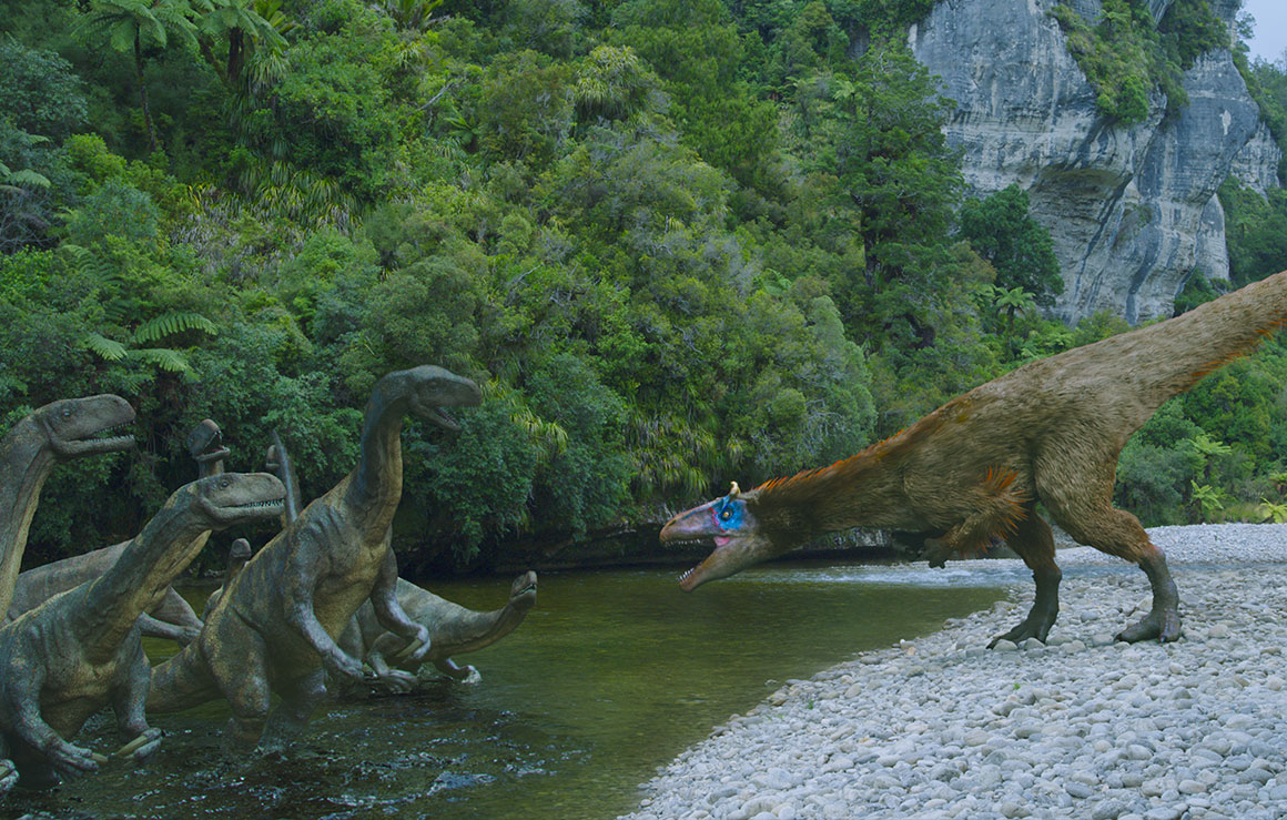 Un dinosaure confrontant un groupe d'une autre espèce de dinosaures.