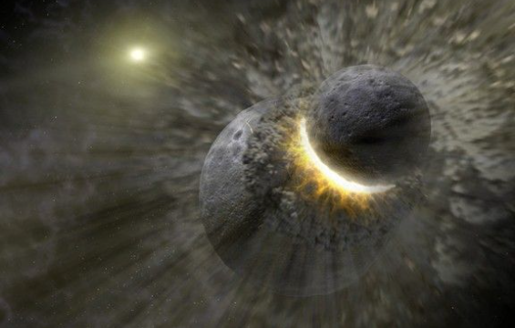 Un objet massif s'écrasant sur Terre, projetant de la matière dans l'espace qui devint la Lune.
