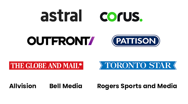 Noms ou logos des partenaires médiatiques : Astral, Corus Entertainment, OUTFRONT Media, PATTISON Outdoor Advertising, The Globe and Mail, Toronto Star, Allvision, Bell Media, Rogers Sports and Media.