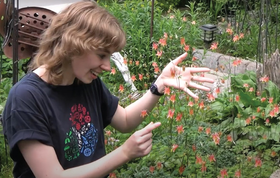 An educator examines orange flowers growing outside.