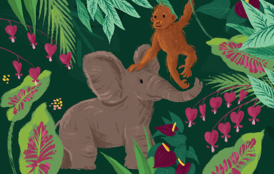 Illustration d'un éléphant et d'un primate sur un fond vert agrémenté de plantes aux accents rosés.