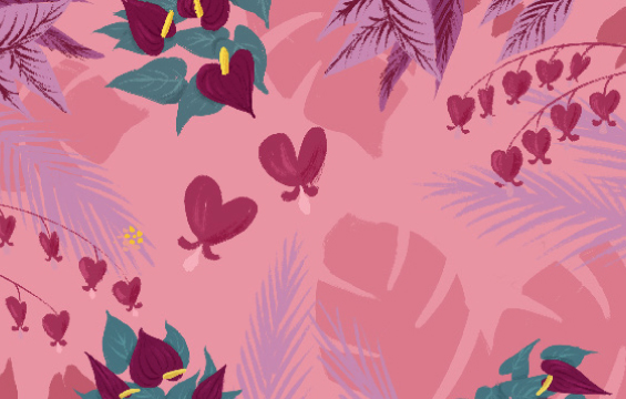 Illustration de plantes en forme de coeur sur un fond rose.