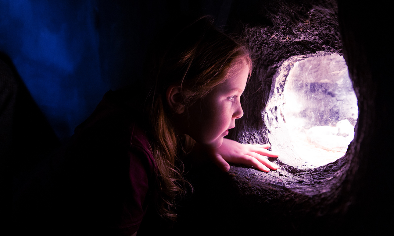 Une fille dans une grotte du Centre des sciences regarde vers l'extérieur par une brèche.