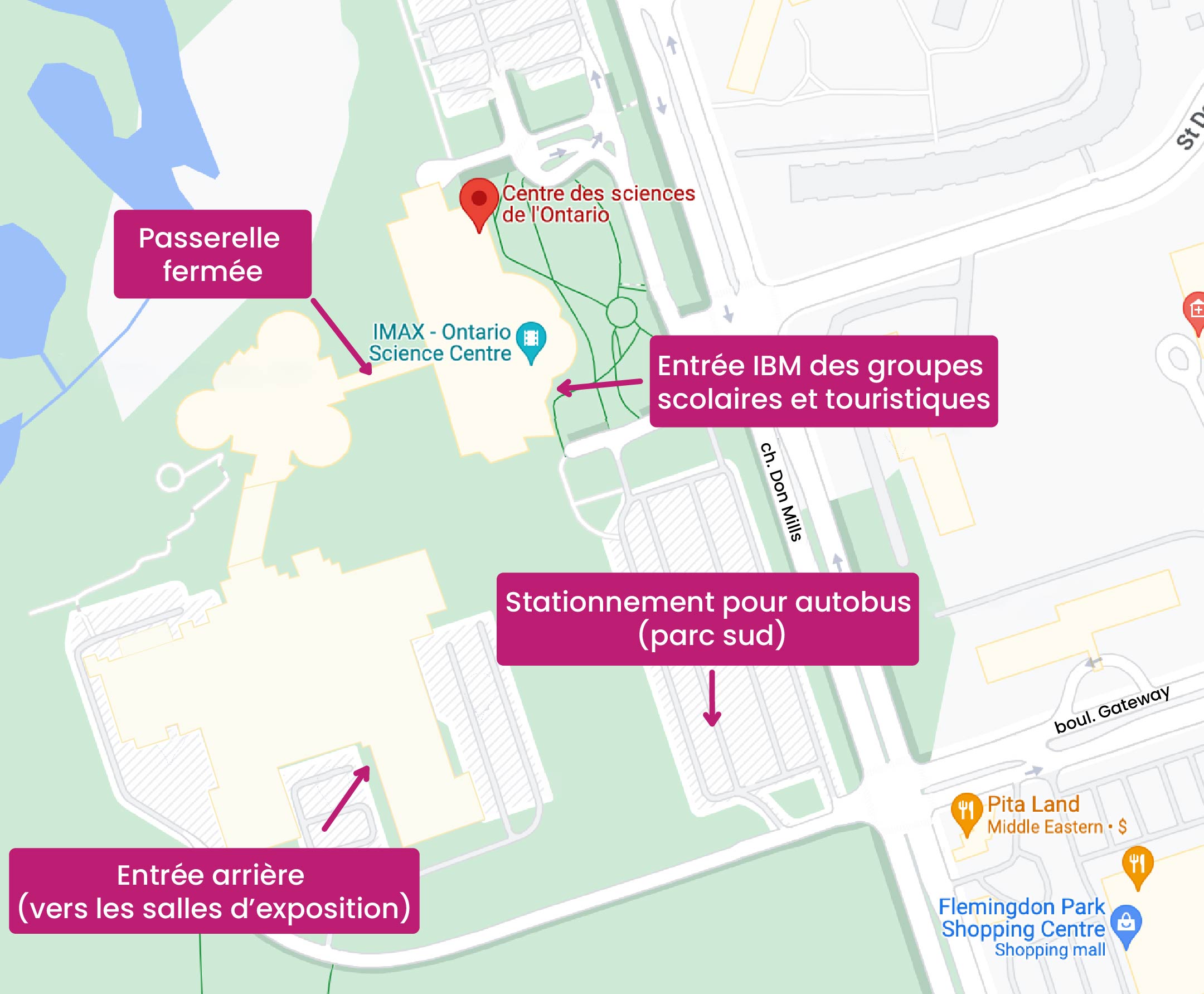 Plan du Centre des sciences indiquant l'Entrée IBM des groupes scolaires et touristiques, le stationnement pour autobus et l'entrée arrière.