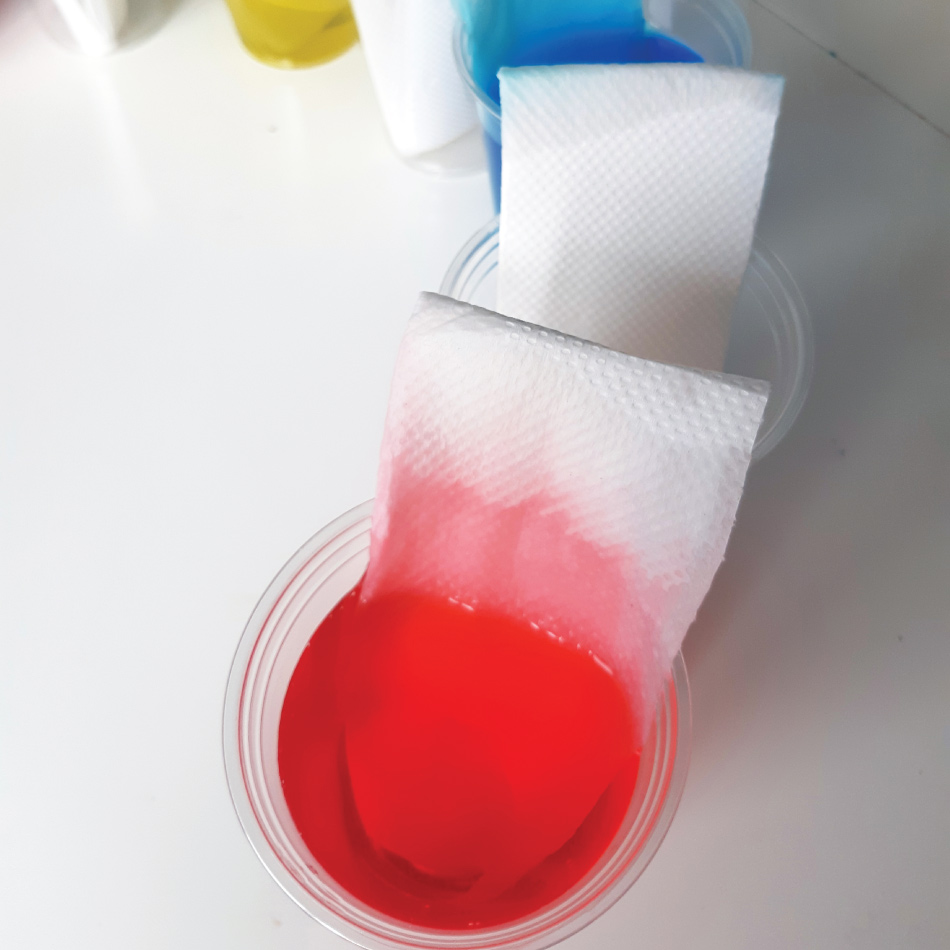 Essuie-tout trempés dans des verres en plastique adjacents contenant de l'eau colorée en rouge, bleu et jaune.
