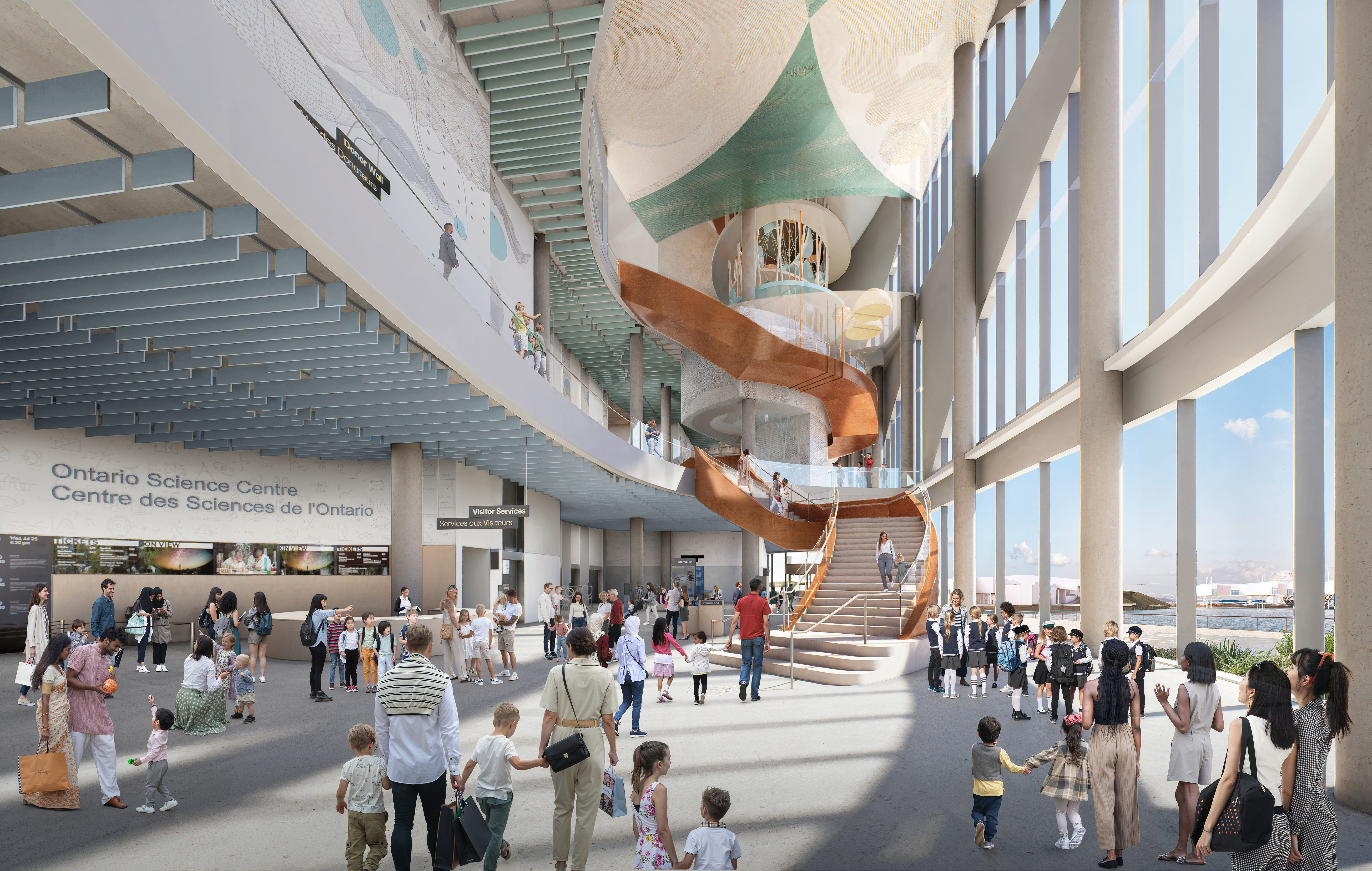 Centre des sciences de l’Ontario – nouveau bâtiment, entrée principale avec atrium.