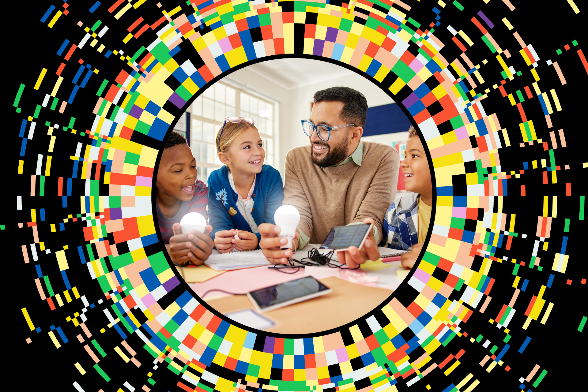 Image d'en-tête multicolore de WattNext avec un enseignant et des enfants expérimentant des ampoules.