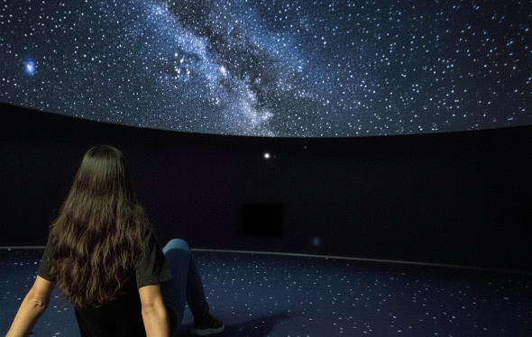 [A teenager watches a planetarium show.][Un adolescent assiste à une séance de planétarium.]